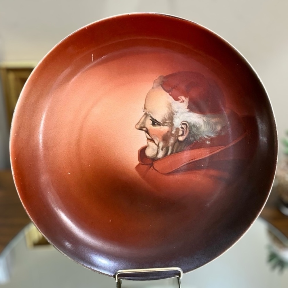 1905-1925 Dresden Portrait Cabinet Plate Bishop Red Background Unusual 9 3/8”